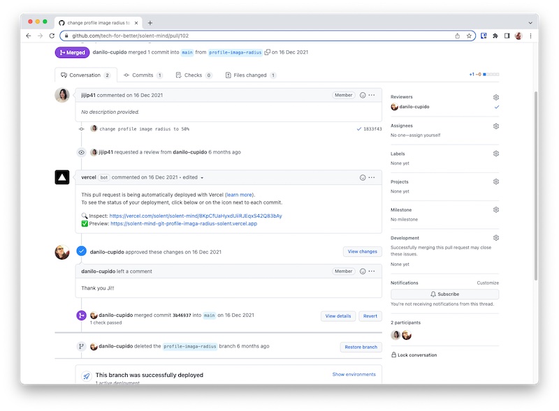 Screenshot of pull request featuring a review comment